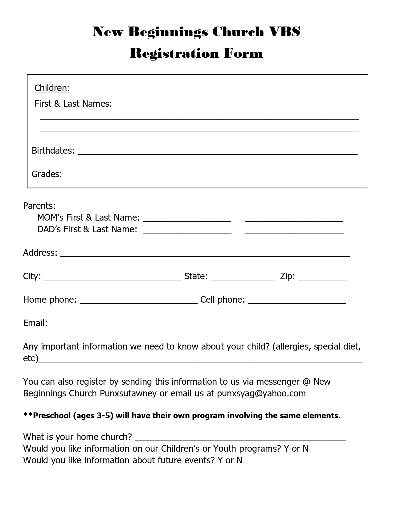 FORM New Beginnings Church VBS Registration Forms page 0001